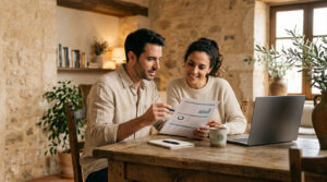 Casal em casa a comparar um documento de crédito, com um portátil ao lado