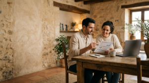 Casal em casa a comparar um documento de crédito, com um portátil ao lado