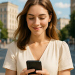 Mulher ao ar livre a olhar para o telemóvel