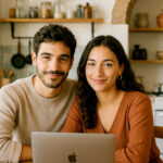 Casal português analisando opções de crédito pessoal no computador portátil, ambiente doméstico moderno, atmosfera profissional e confiável