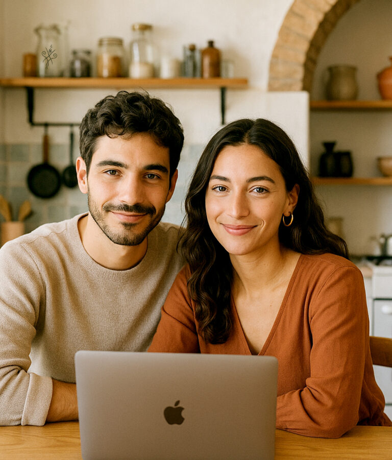 Casal português analisando opções de crédito pessoal no computador portátil, ambiente doméstico moderno, atmosfera profissional e confiável