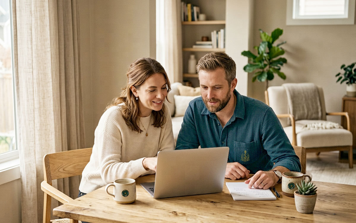 Casal a analisar uma proposta de crédito pessoal online num portátil em casa