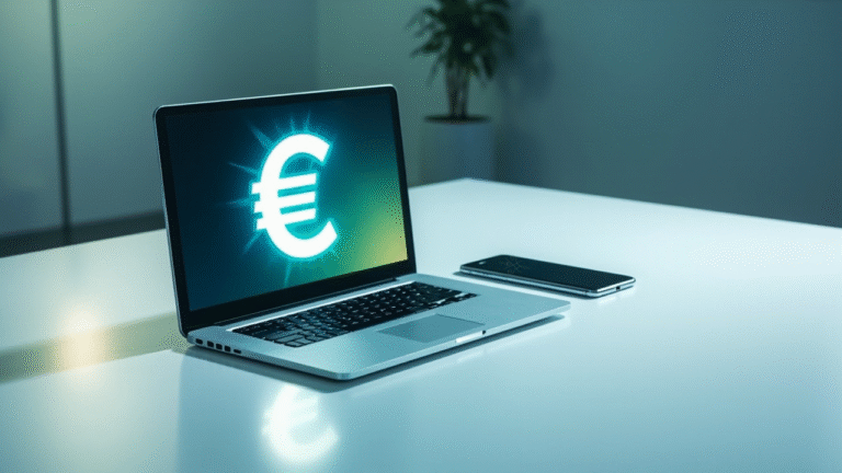 Laptop com símbolo do euro brilhante no ecrã — crédito pessoal online em Portugal.