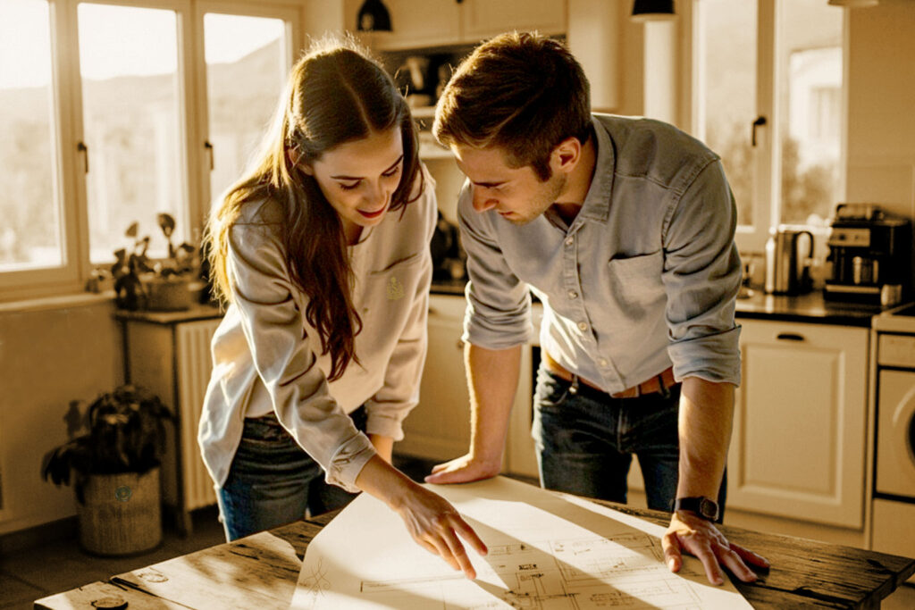 Casal a planear obras de renovação em casa com plantas e ferramentas sobre a mesa.