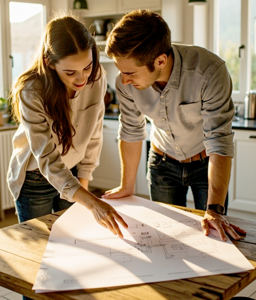 Casal a planear obras de renovação em casa com plantas e ferramentas sobre a mesa.
