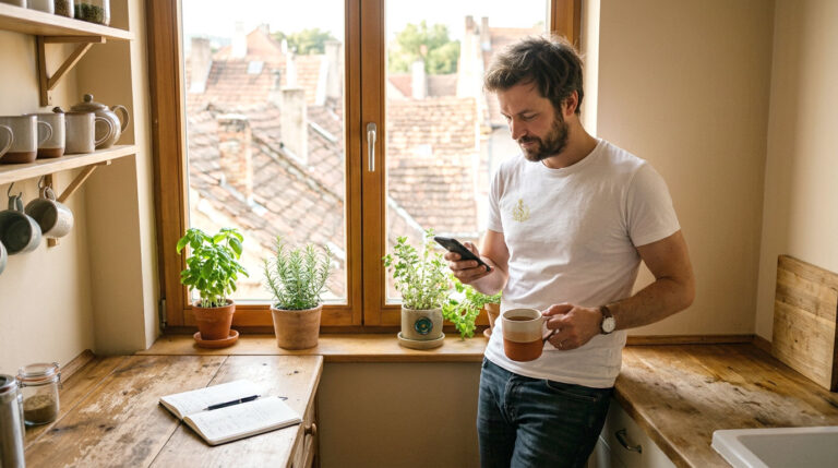 Homem a verificar o telemóvel com uma chávena de café na mão, na cozinha de casa junto a uma janela com vista para os telhados