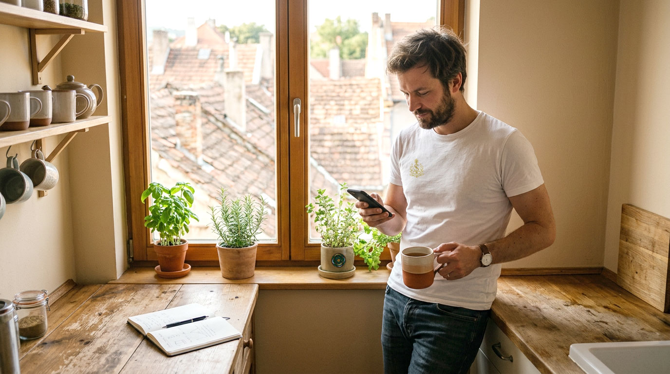 Homem a verificar o telemóvel com uma chávena de café na mão, na cozinha de casa junto a uma janela com vista para os telhados