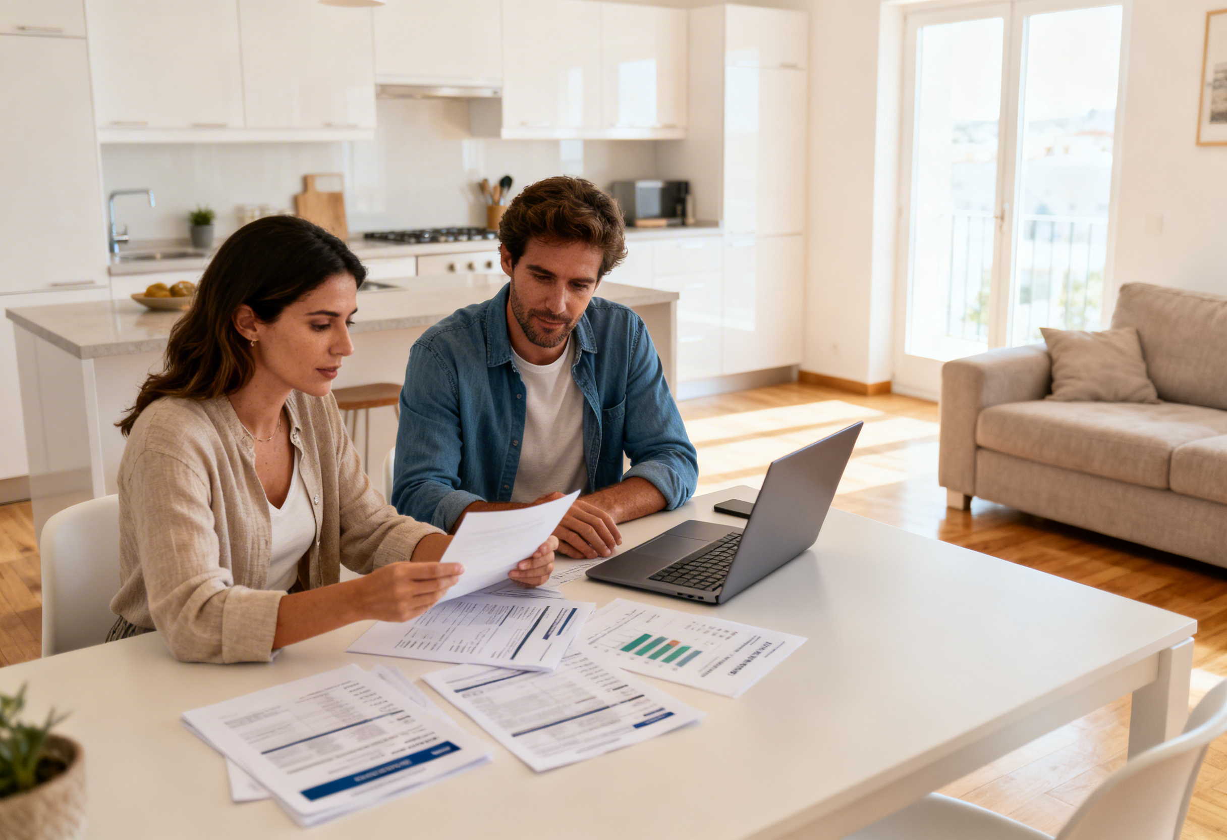 Casal a analisar documentos antes de pedir empréstimo pessoal em Portugal