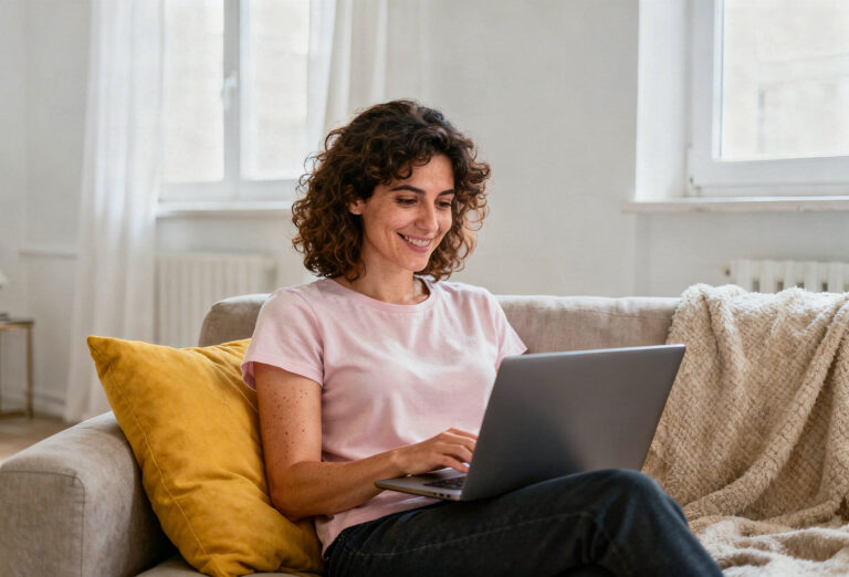 Mulher sentada no sofá a usar um portátil para simular e comparar crédito pessoal online
