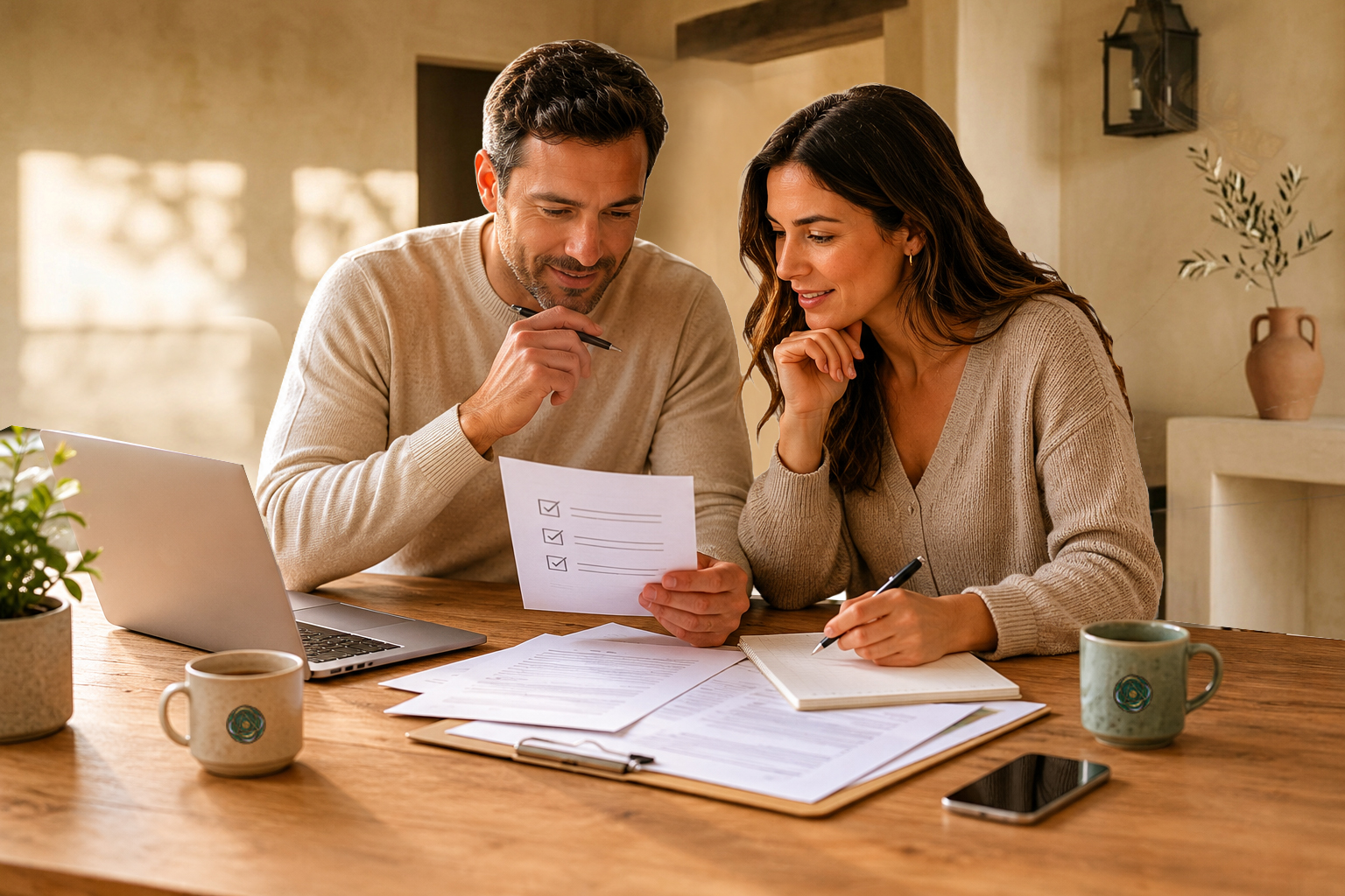 Casal a rever uma checklist de documentos para pedir crédito pessoal, com portátil e apontamentos em cima da mesa